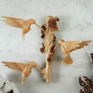 Wooden Wall Art Hummingbirds, Unique Wood, Three Birds, Hanging Colibri, Handmade, Sculpture, Natural Decor, Tropical Decor, Mothers Gift