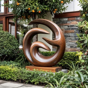 Abstract Circle Wood Sculpture - Modern Outdoor Garden Art, Organic Wooden Yard Decor, Large Contemporary Landscape Statue, Handmade Natural