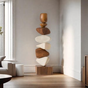Tall Abstract Wooden Sculpture Handmade Large-Scale Wood Art Contemporary Organic Decor Modern Geometric Wood Sculpture Floor Sculpture