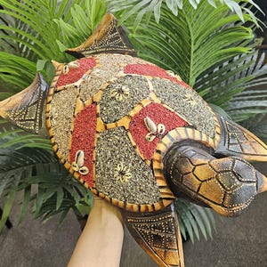 LARGE Wooden Turtle Sculpture – Handcrafted Turtle Décor | Natural Wood Animal Carving , Turtle Figurine Home Décor, COLORFUL Design ,