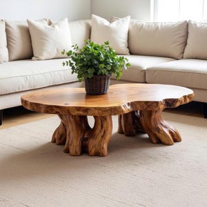 Rustic natural live edge wood coffee table solid wood carving art handcrafted extendable dining table decor for living room