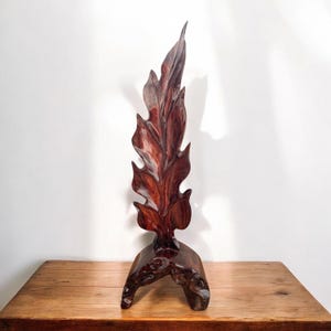 30” Tall Wooden Oak Leaf Hand-Carved – Polished Natural Rosewood Decor | Solid Wooden Sculpture for Wall or Shelf Display – One of a Kind